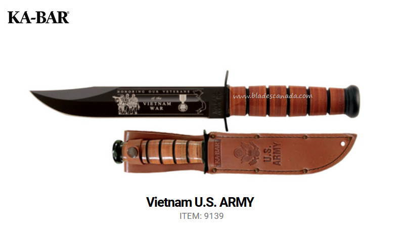 Ka-Bar US ARMY Vietnam Commemorative Fixed Blade Knife, 1095 Carbon, Leather Handle, 9139